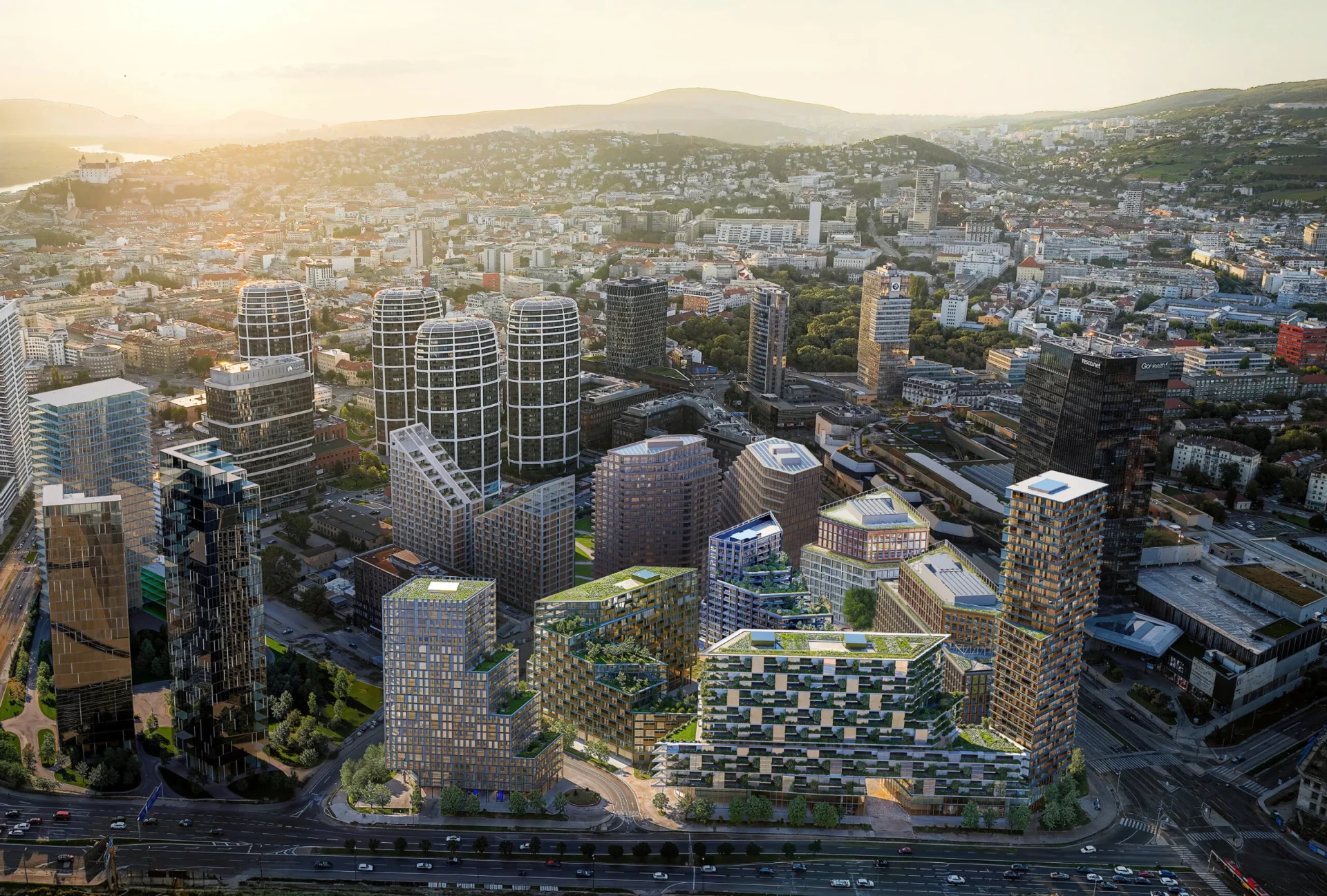 Letecká vizualizace projektu a downtownu Bratislavy
