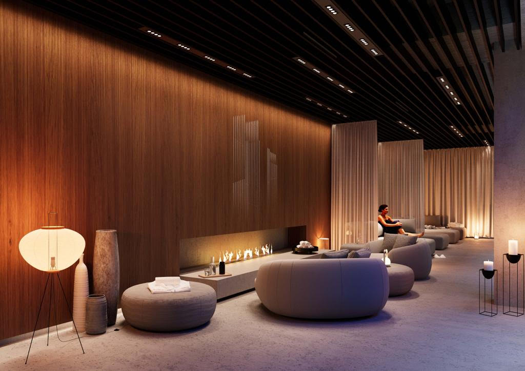 Vizualizace wellness relaxační zóny s krbem