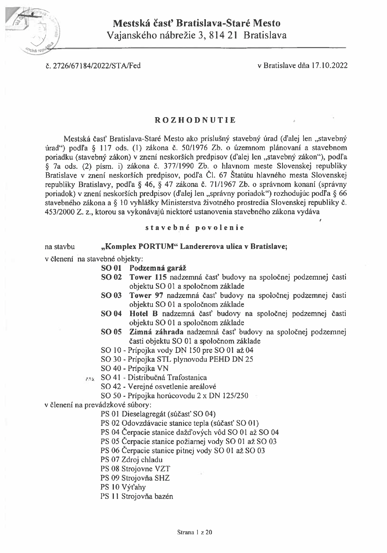 Stavebné povolenie — Komplex PORTUM, Landererova ulica v Bratislavě